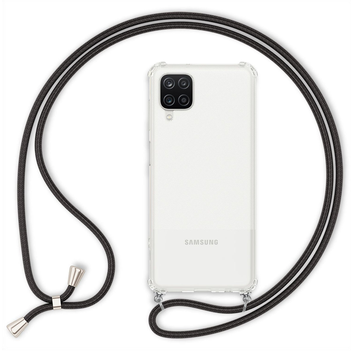 NALIA Handykette für Samsung Galaxy A12 – Transparentes Hybrid-Case & Band – HANGIT (Anti-Gelb Rückseite & Verstellbar) – Marke aus Berlin
