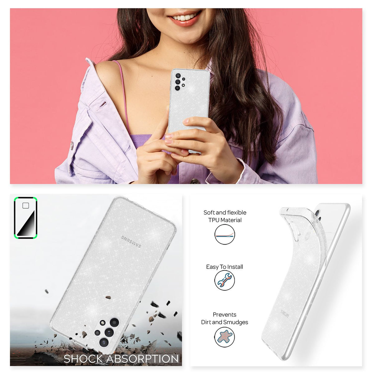 NALIA Glitzerhülle für Samsung Galaxy A32 5G – Funkelndes Silikon Case – DAZZLIN (Transparent & Stoßfest) – Marke aus Berlin