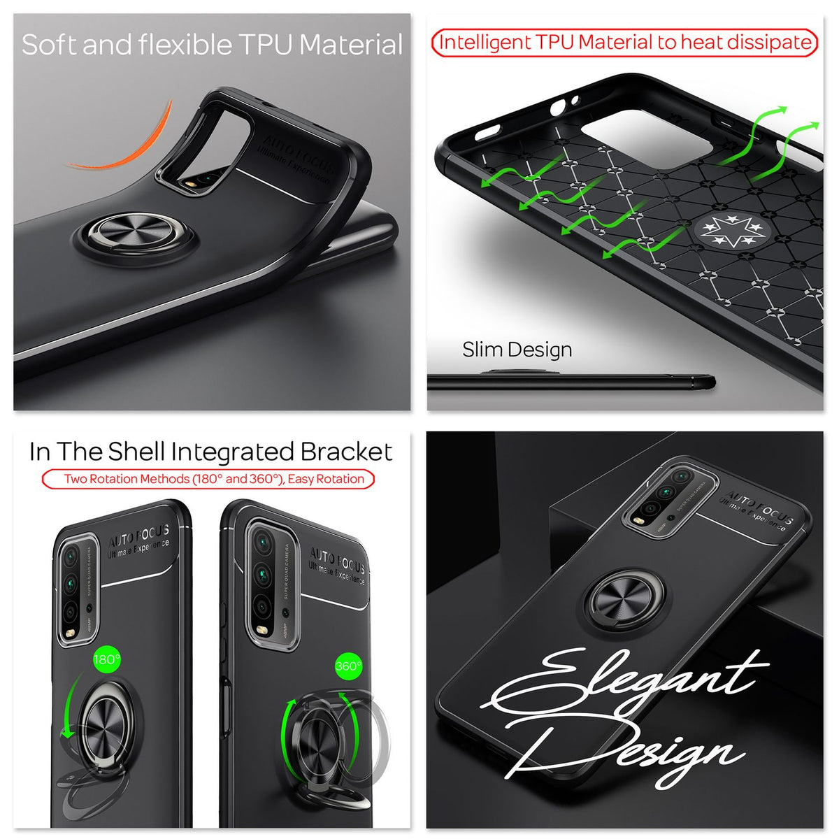 NALIA Ringhülle für Xiaomi Redmi 9T – Ring-Ständer 360° & für Magnet-Halter – GRIP360 (Mattiertes Silikon Case) – Marke aus Berlin