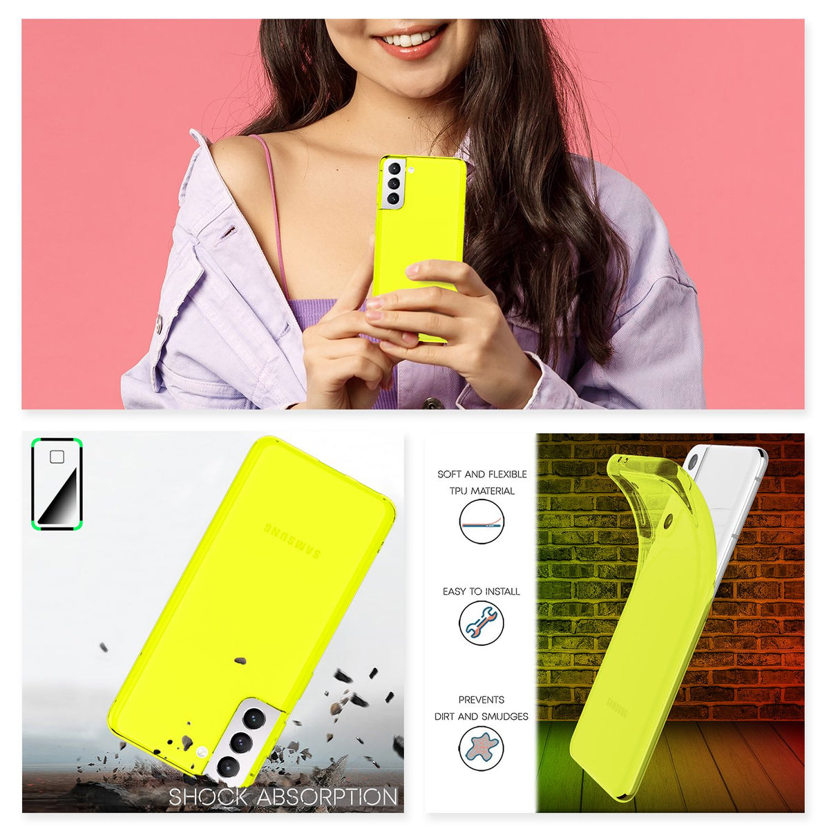 NALIA Neon Silikonhülle für Samsung Galaxy S21 – Knallige Signal-Farbe & Linsenschutz – VIBE (Transparentes Case) – Marke aus Berlin