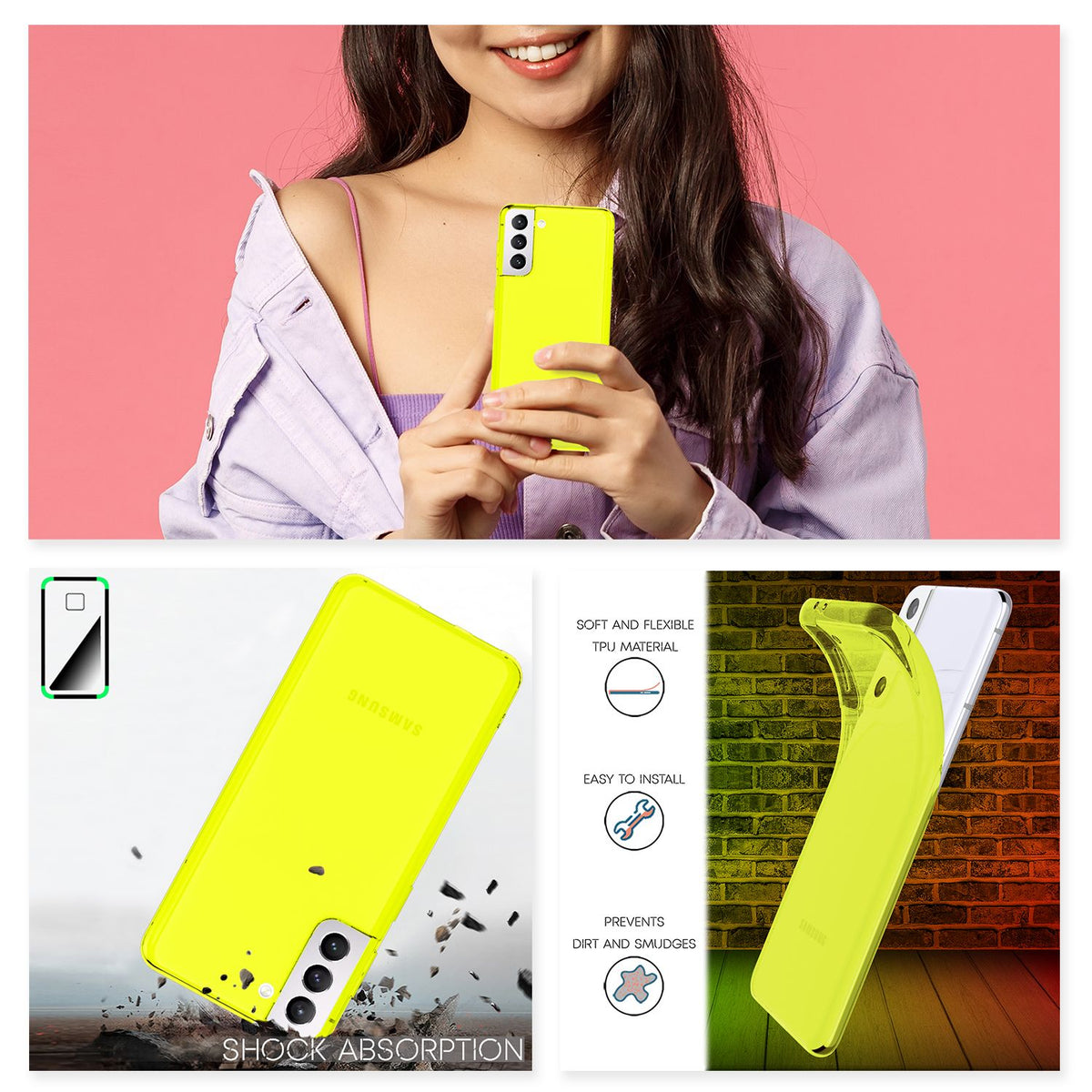 NALIA Neon Silikonhülle für Samsung Galaxy S21 Plus – Knallige Signal-Farbe & Linsenschutz – VIBE (Transparentes Case) – Marke aus Berlin