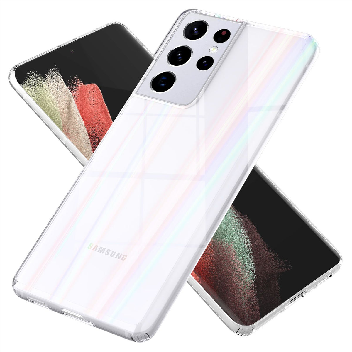 NALIA Klares Hartglas Case kompatibel mit Samsung Galaxy S21 Ultra Hülle, Transparentes Regenbogen Hardcase aus Tempered Glass & Silikon Bumper, Holografisch Bunt Glänzende Handyhülle Cover Kratzfest