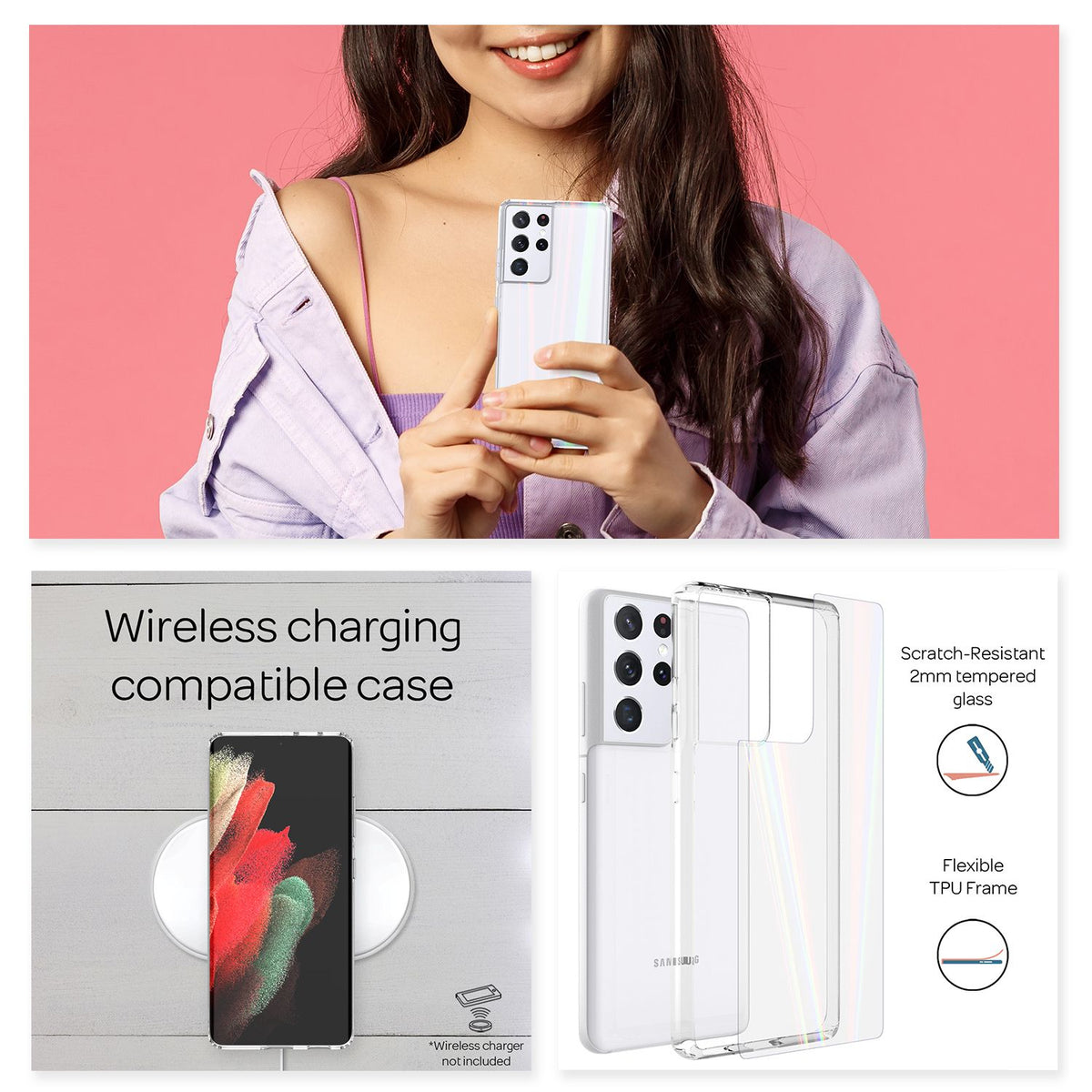 NALIA Klares Hartglas Case kompatibel mit Samsung Galaxy S21 Ultra Hülle, Transparentes Regenbogen Hardcase aus Tempered Glass & Silikon Bumper, Holografisch Bunt Glänzende Handyhülle Cover Kratzfest
