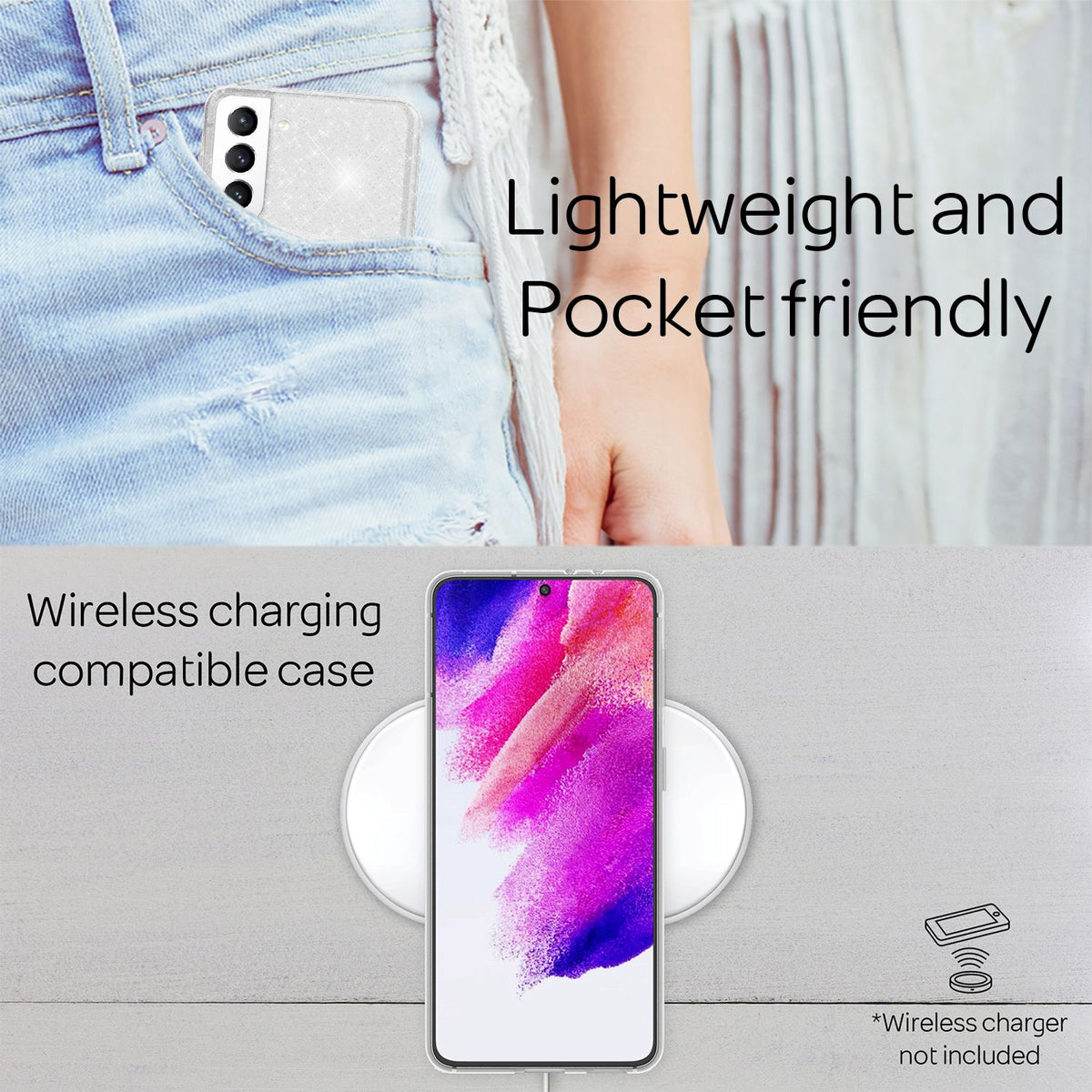 NALIA Glitzerhülle für Samsung Galaxy S21 FE – Funkelndes Silikon Case – DAZZLIN (Transparent & Stoßfest) – Marke aus Berlin