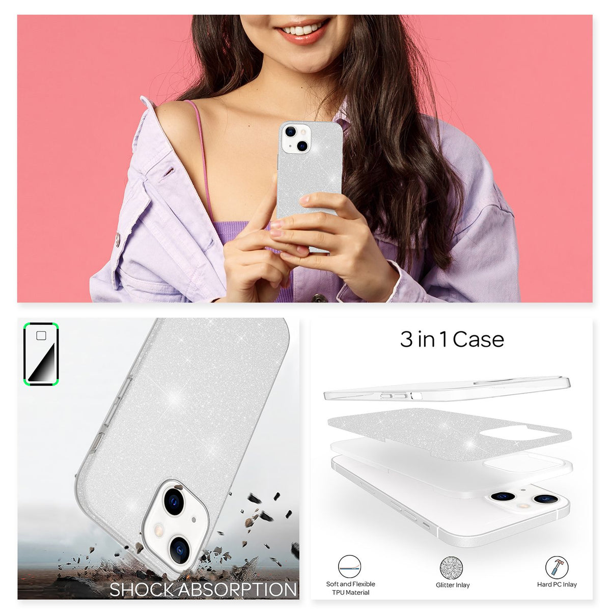 NALIA Glitzerhülle für iPhone 13 – Funkelnder Glitzer-Look & Grip – SHINEPOP (Silikon Case) – Marke aus Berlin