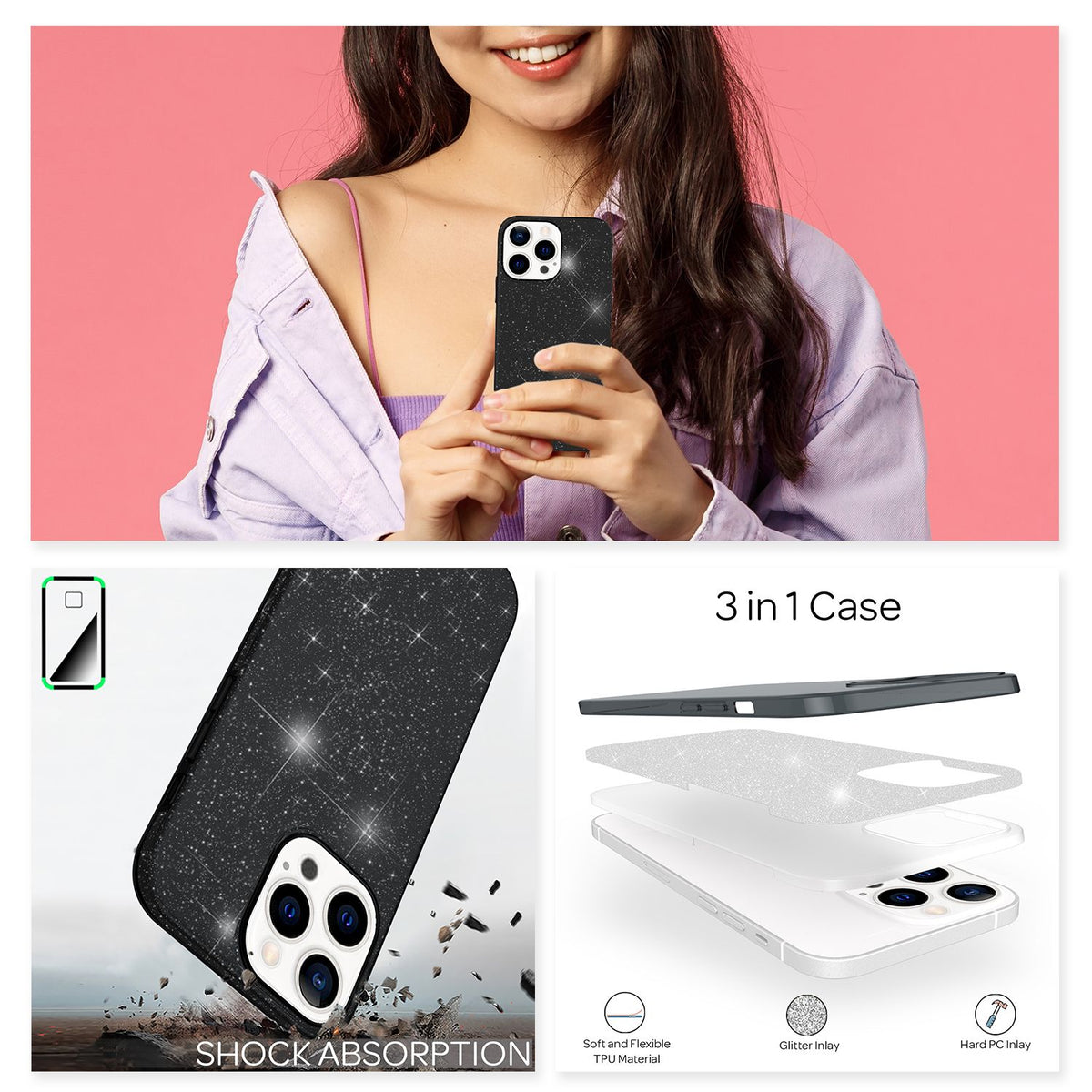NALIA Glitzerhülle für iPhone 13 Pro Max – Funkelnder Glitzer-Look & Grip – SHINEPOP (Silikon Case) – Marke aus Berlin