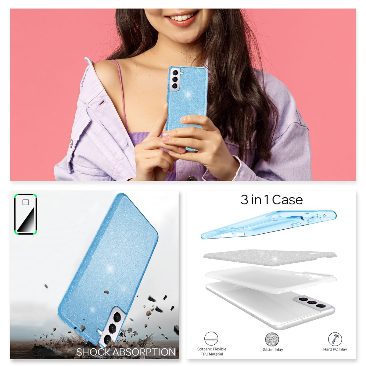 NALIA Glitzerhülle für Samsung Galaxy S22 – Funkelnder Glitzer-Look & Grip – SHINEPOP (Silikon Case) – Marke aus Berlin