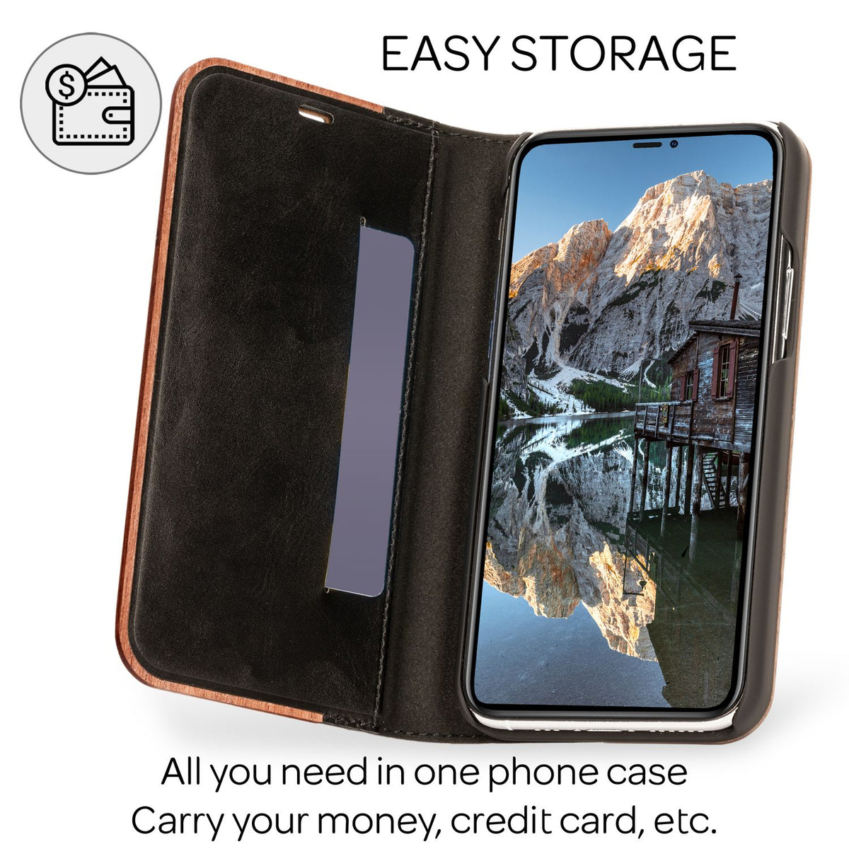 NALIA Echt-Holz Flipcase kompatibel mit iPhone 13 Mini Hülle, FSC zert. Natur Holzhülle mit Standfunktion & Kartenfach, Premium Wood Case Wallet Rundum-Schutz Handyhülle Klapphülle Bookcase - Walnuss