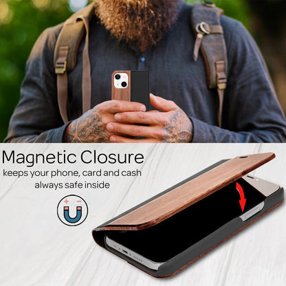 NALIA Echt-Holz Flipcase kompatibel mit iPhone 13 Mini Hülle, FSC zert. Natur Holzhülle mit Standfunktion & Kartenfach, Premium Wood Case Wallet Rundum-Schutz Handyhülle Klapphülle Bookcase - Walnuss
