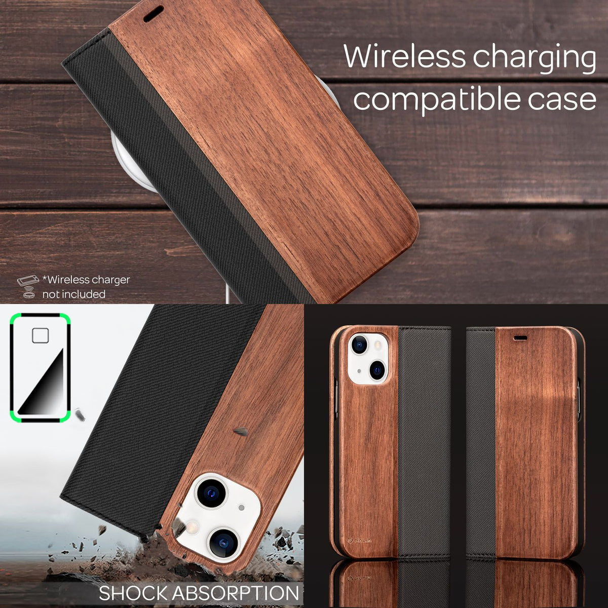 NALIA Echt-Holz Flipcase kompatibel mit iPhone 13 Mini Hülle, FSC zert. Natur Holzhülle mit Standfunktion & Kartenfach, Premium Wood Case Wallet Rundum-Schutz Handyhülle Klapphülle Bookcase - Walnuss