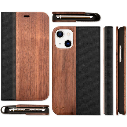 NALIA Echt-Holz Flipcase kompatibel mit iPhone 13 Mini Hülle, FSC zert. Natur Holzhülle mit Standfunktion & Kartenfach, Premium Wood Case Wallet Rundum-Schutz Handyhülle Klapphülle Bookcase - Walnuss
