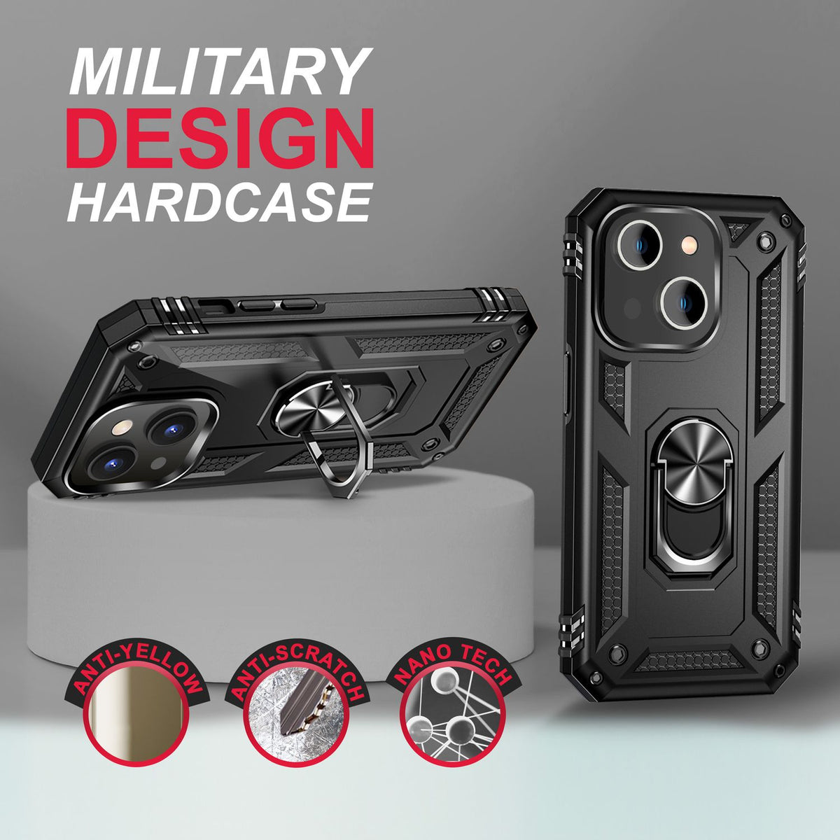 NALIA Panzerhülle für iPhone 14 – Ring-Ständer 360° & Magnet-Halterung Kompatibel – RINGDEFEND (Stoßfestes Outdoor Case) – Marke aus Berlin