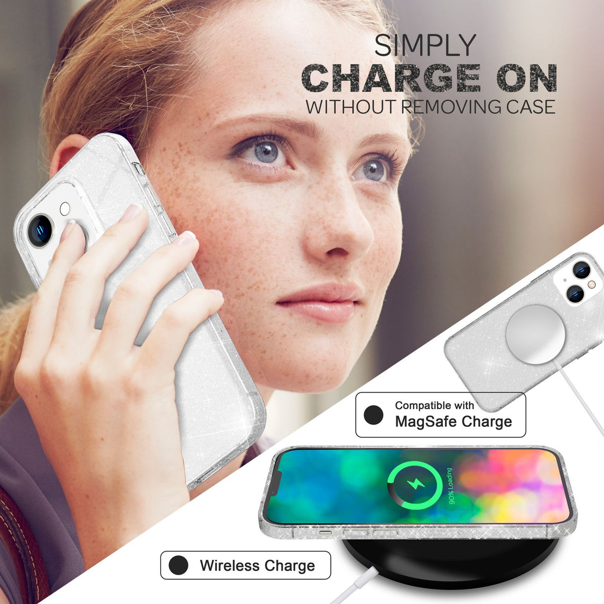 NALIA Glitzerhülle für iPhone 14 – Funkelndes Silikon Case – DAZZLIN (Transparent & Stoßfest) – Marke aus Berlin