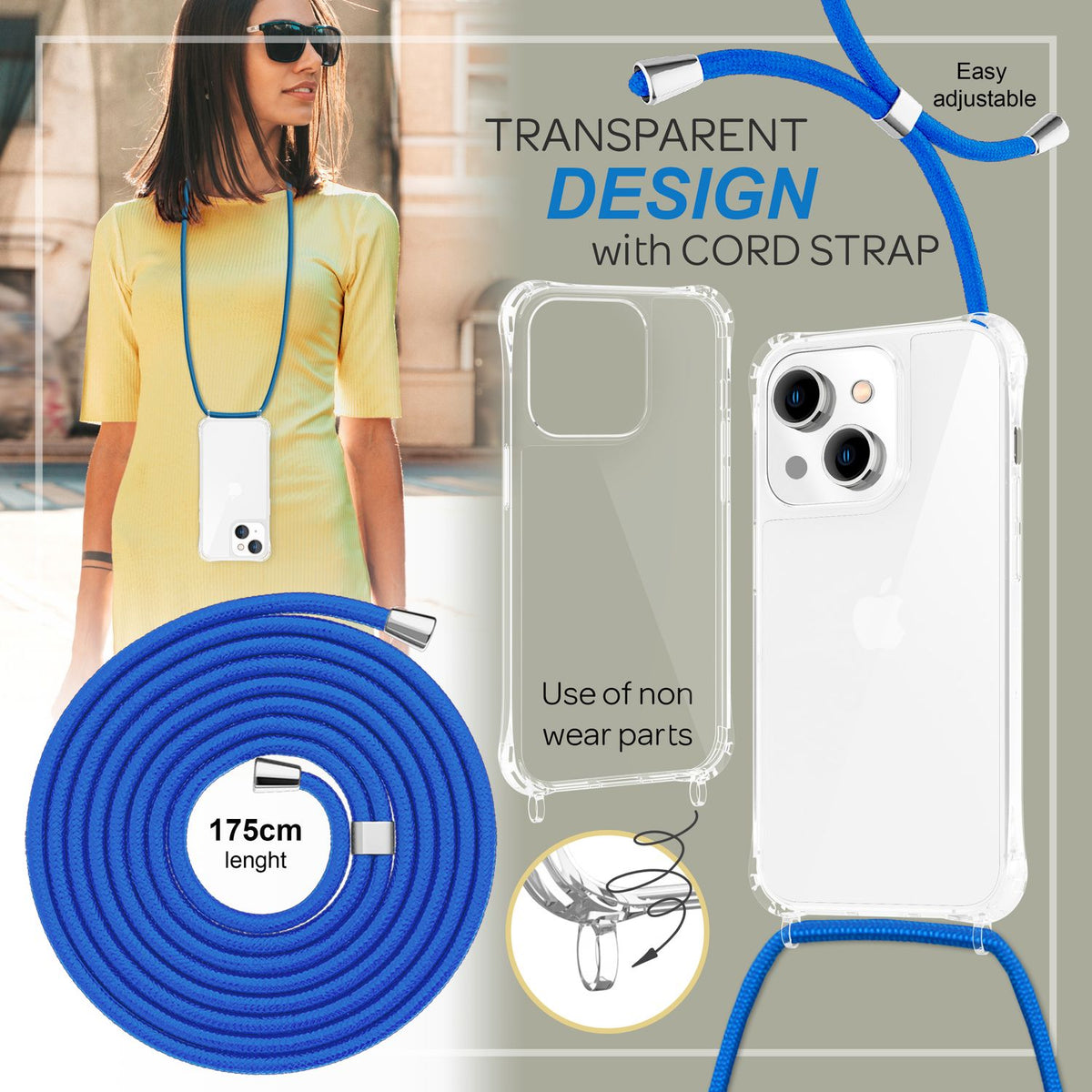NALIA Handykette für iPhone 14 – Transparentes Hybrid-Case & Band – HANGIT PRO (Anti-Gelb Rückseite & Verstellbar) – Marke aus Berlin