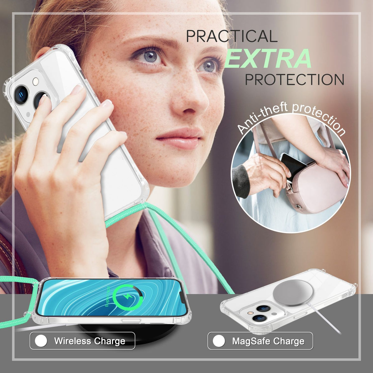 NALIA Handykette für iPhone 14 – Transparentes Hybrid-Case & Band – HANGIT PRO (Anti-Gelb Rückseite & Verstellbar) – Marke aus Berlin
