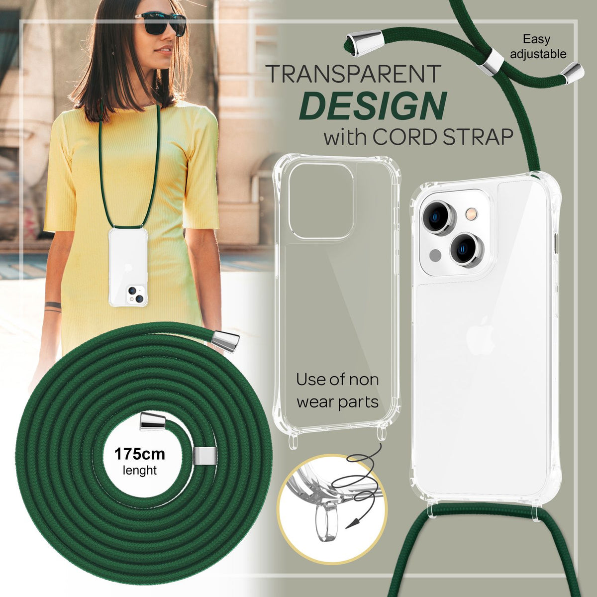 NALIA Handykette für iPhone 14 Plus – Transparentes Hybrid-Case & Band – HANGIT PRO (Anti-Gelb Rückseite & Verstellbar) – Marke aus Berlin