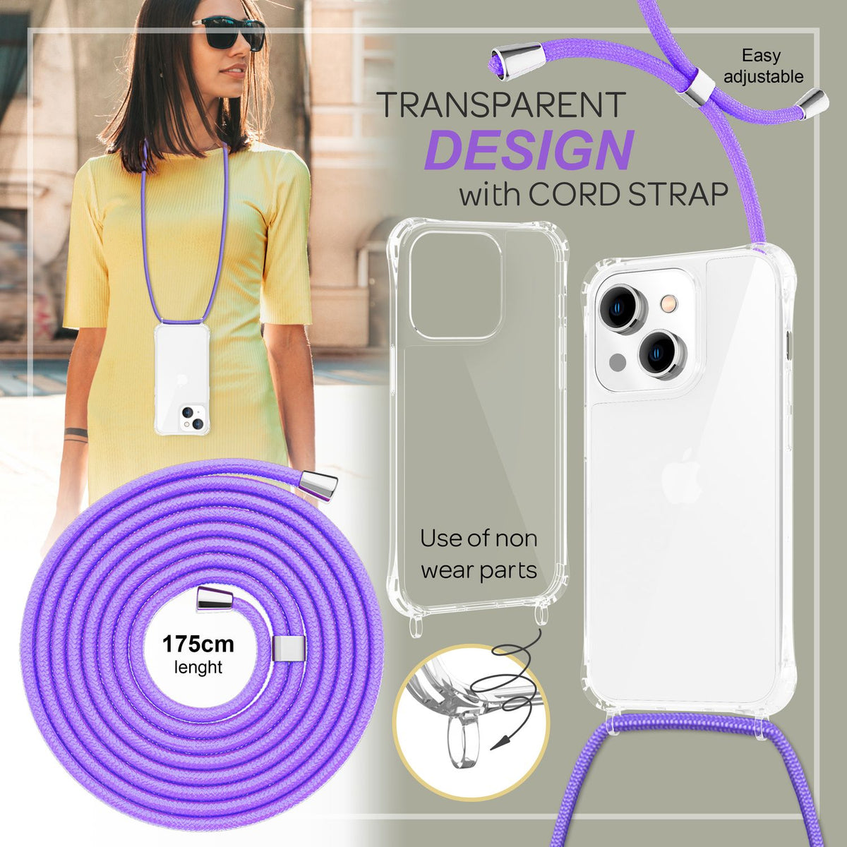 NALIA Handykette für iPhone 14 Plus – Transparentes Hybrid-Case & Band – HANGIT PRO (Anti-Gelb Rückseite & Verstellbar) – Marke aus Berlin