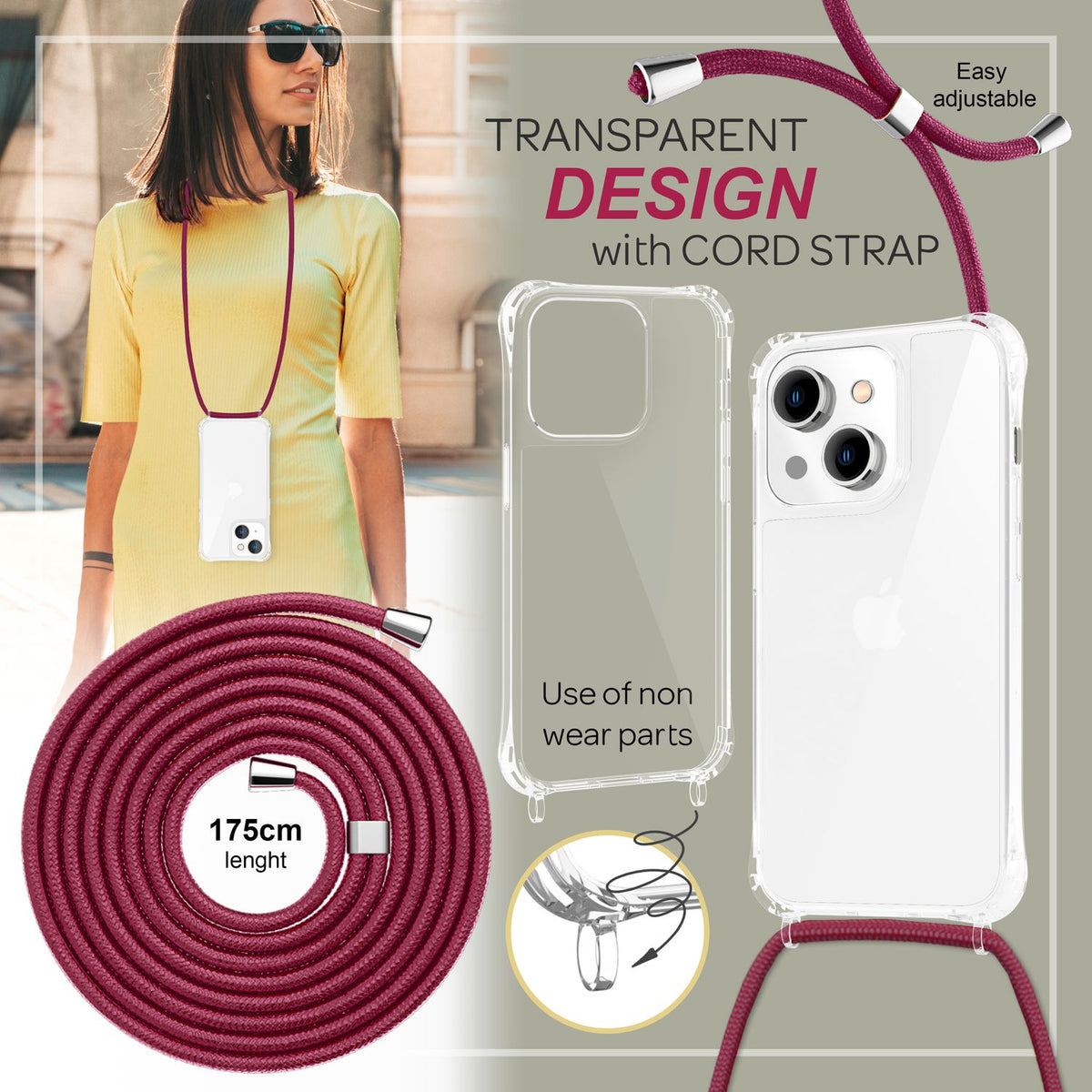 NALIA Handykette für iPhone 14 Plus – Transparentes Hybrid-Case & Band – HANGIT PRO (Anti-Gelb Rückseite & Verstellbar) – Marke aus Berlin