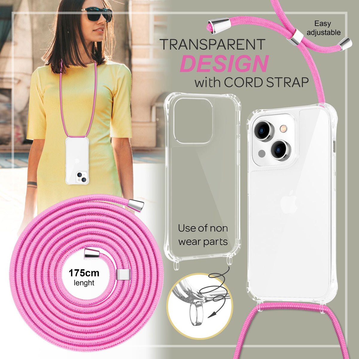 NALIA Handykette für iPhone 14 Plus – Transparentes Hybrid-Case & Band – HANGIT PRO (Anti-Gelb Rückseite & Verstellbar) – Marke aus Berlin
