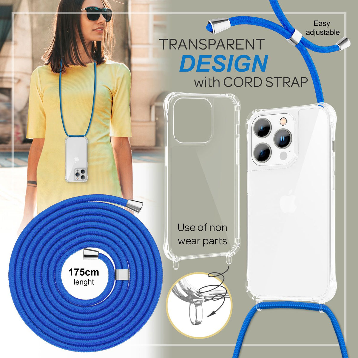 NALIA Handykette für iPhone 14 Pro – Transparentes Hybrid-Case & Band – HANGIT PRO (Anti-Gelb Rückseite & Verstellbar) – Marke aus Berlin