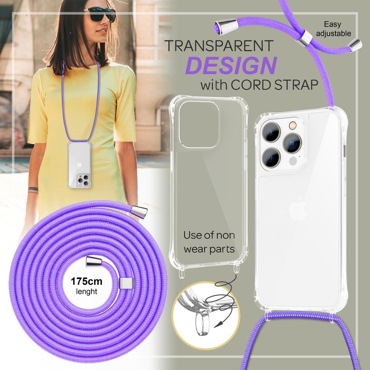 NALIA Handykette für iPhone 14 Pro – Transparentes Hybrid-Case & Band – HANGIT PRO (Anti-Gelb Rückseite & Verstellbar) – Marke aus Berlin