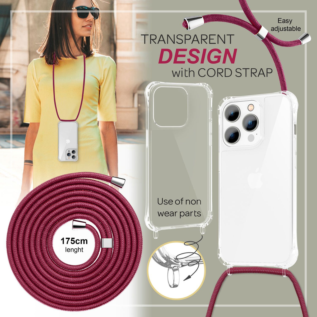 NALIA Handykette für iPhone 14 Pro – Transparentes Hybrid-Case & Band – HANGIT PRO (Anti-Gelb Rückseite & Verstellbar) – Marke aus Berlin