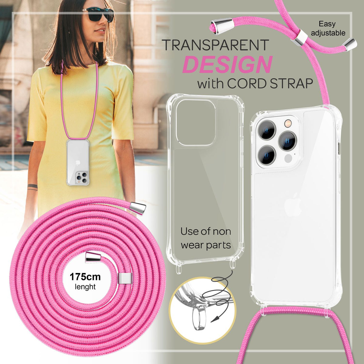 NALIA Handykette für iPhone 14 Pro – Transparentes Hybrid-Case & Band – HANGIT PRO (Anti-Gelb Rückseite & Verstellbar) – Marke aus Berlin