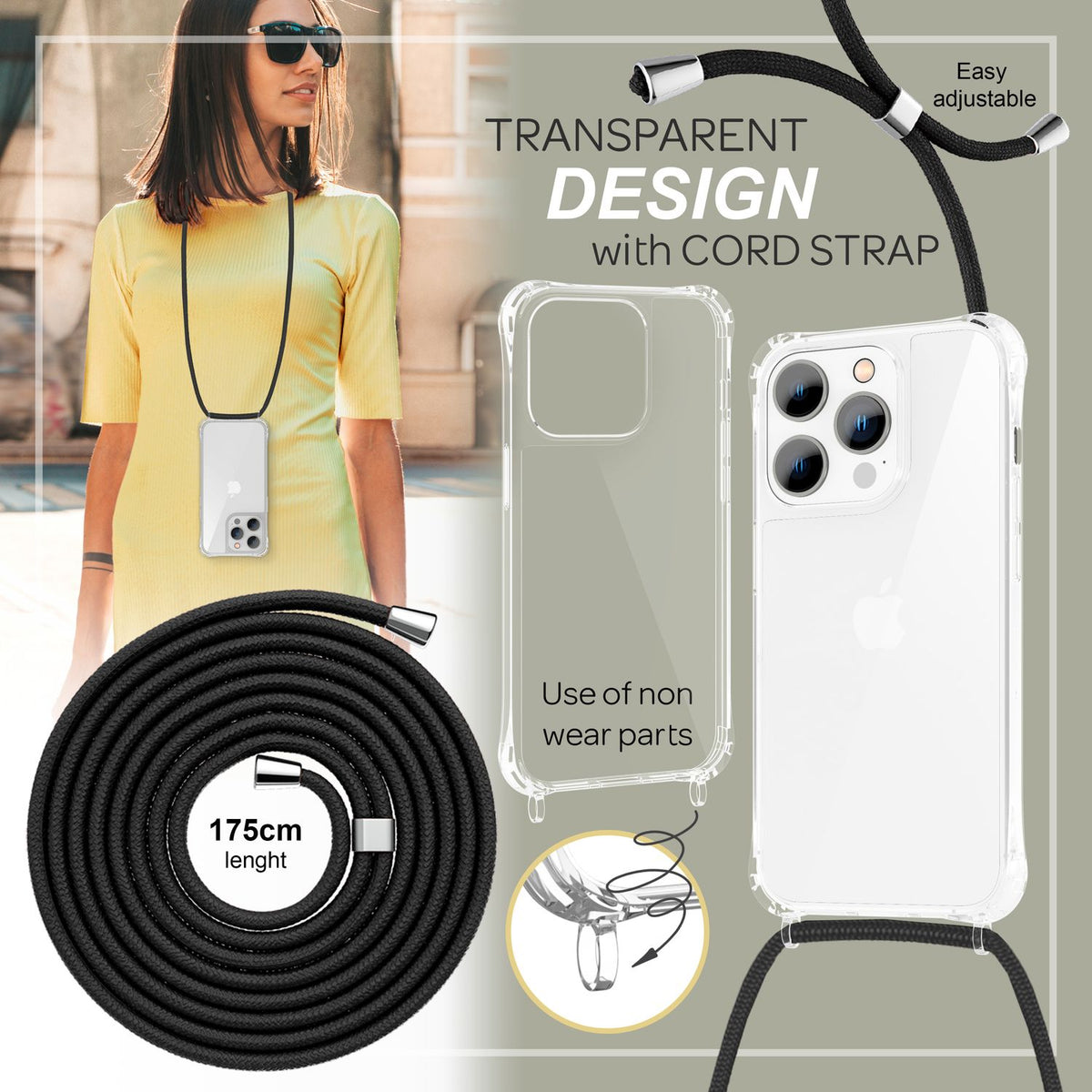 NALIA Handykette für iPhone 14 Pro – Transparentes Hybrid-Case & Band – HANGIT PRO (Anti-Gelb Rückseite & Verstellbar) – Marke aus Berlin