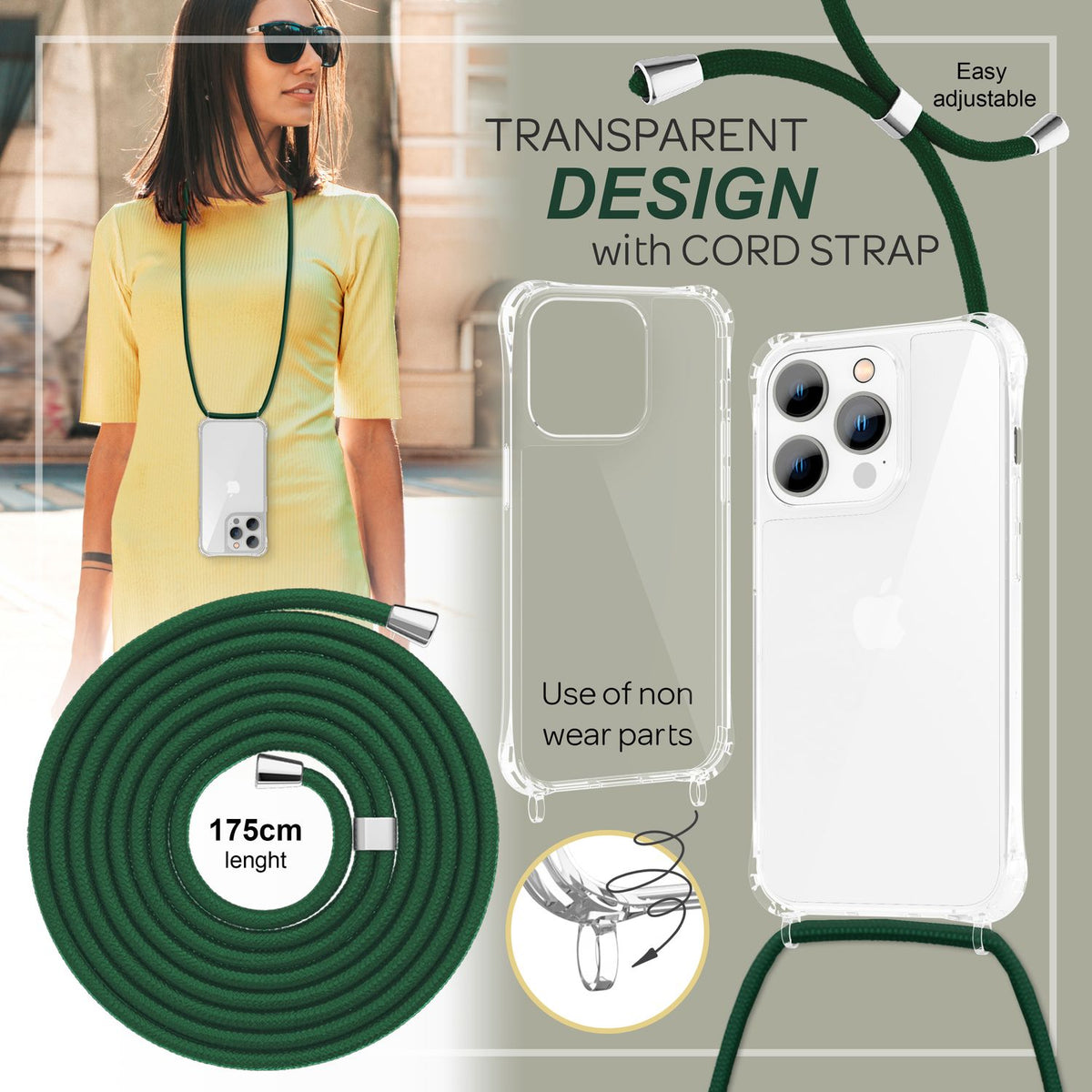NALIA Handykette für iPhone 14 Pro Max – Transparentes Hybrid-Case & Band – HANGIT PRO (Anti-Gelb Rückseite & Verstellbar) – Marke aus Berlin