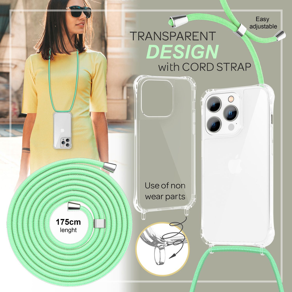 NALIA Handykette für iPhone 14 Pro Max – Transparentes Hybrid-Case & Band – HANGIT PRO (Anti-Gelb Rückseite & Verstellbar) – Marke aus Berlin