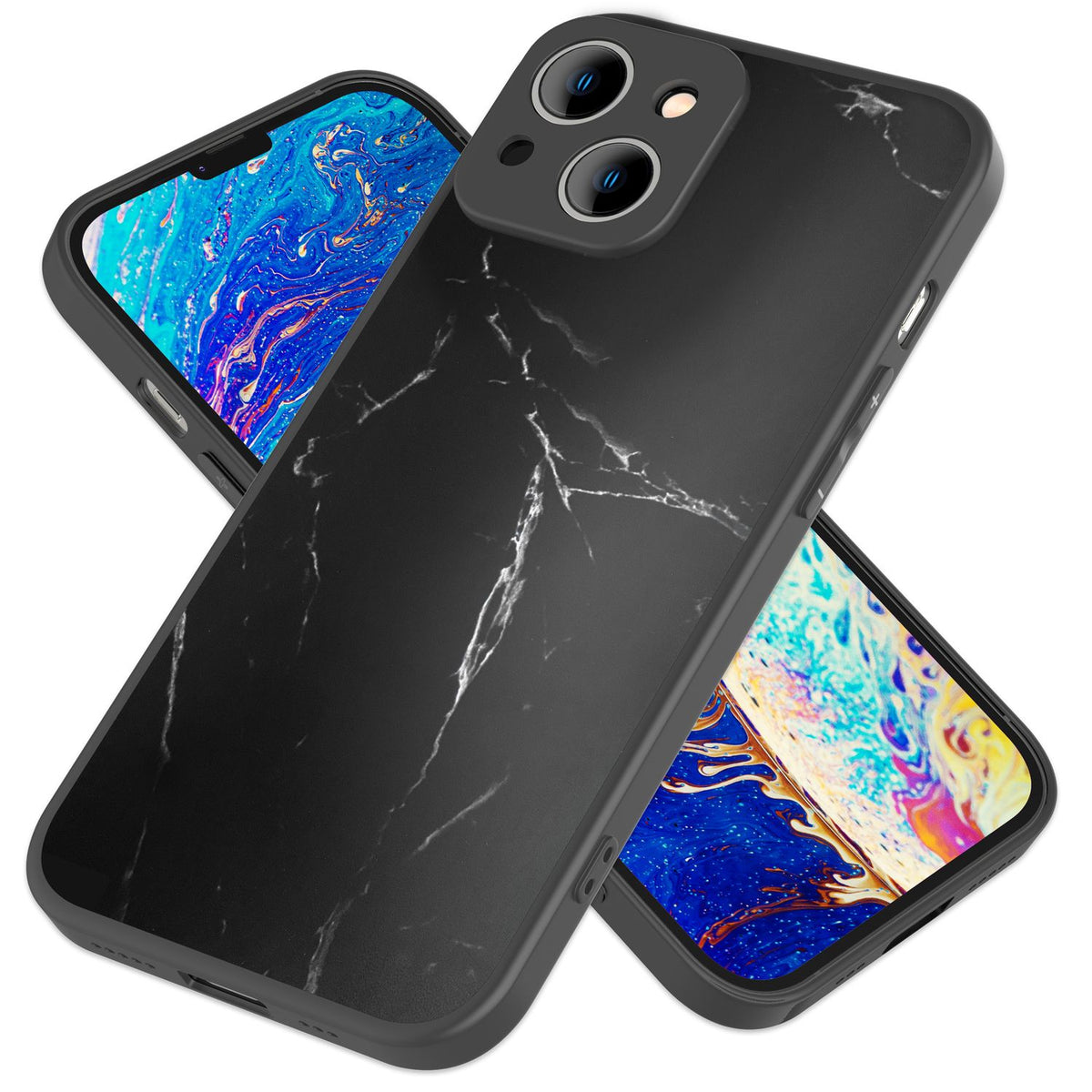 NALIA Marmor Glas Case für iPhone 14 – Robustes 9H Echtglas – MARBELLE (Silikon Bumper & Grip) – Marke aus Berlin