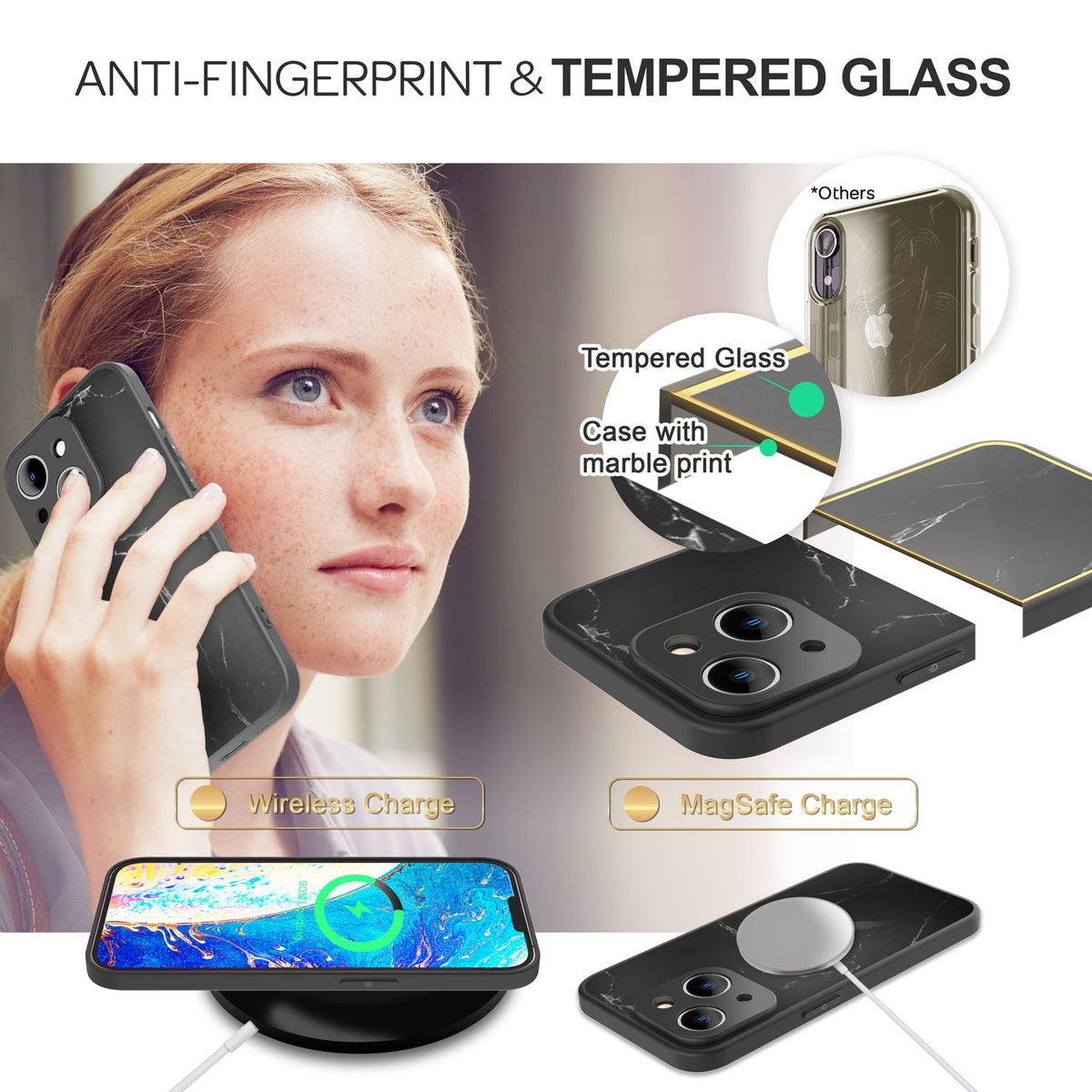 NALIA Marmor Glas Case für iPhone 14 – Robustes 9H Echtglas – MARBELLE (Silikon Bumper & Grip) – Marke aus Berlin