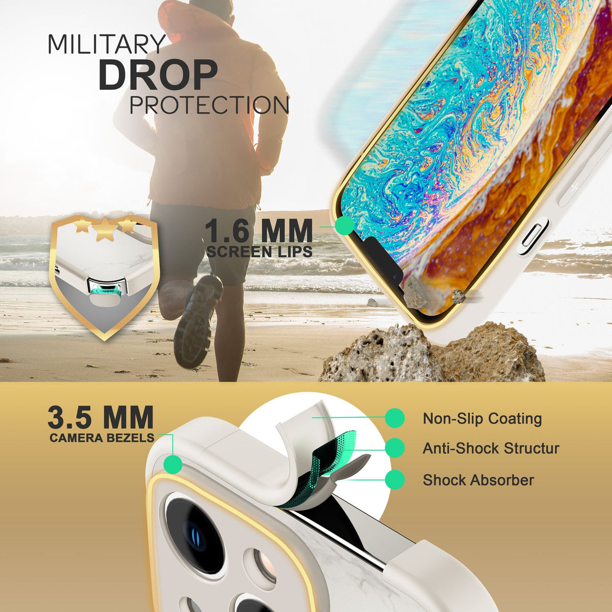 NALIA Marmor Glas Case für iPhone 14 – Robustes 9H Echtglas – MARBELLE (Silikon Bumper & Grip) – Marke aus Berlin