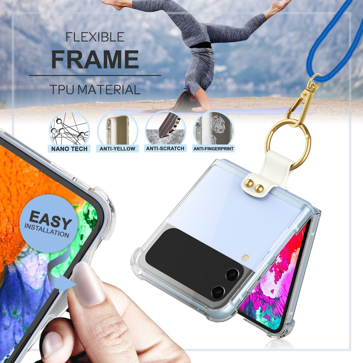 NALIA Klare Handyhülle mit Kette kompatibel mit Samsung Galaxy Z Flip4 Hülle, Transparente Schutzhülle mit Ring & Handy-Schnur zum Umhängen, Robuste Harte Rückseite & Silikon-Rand
