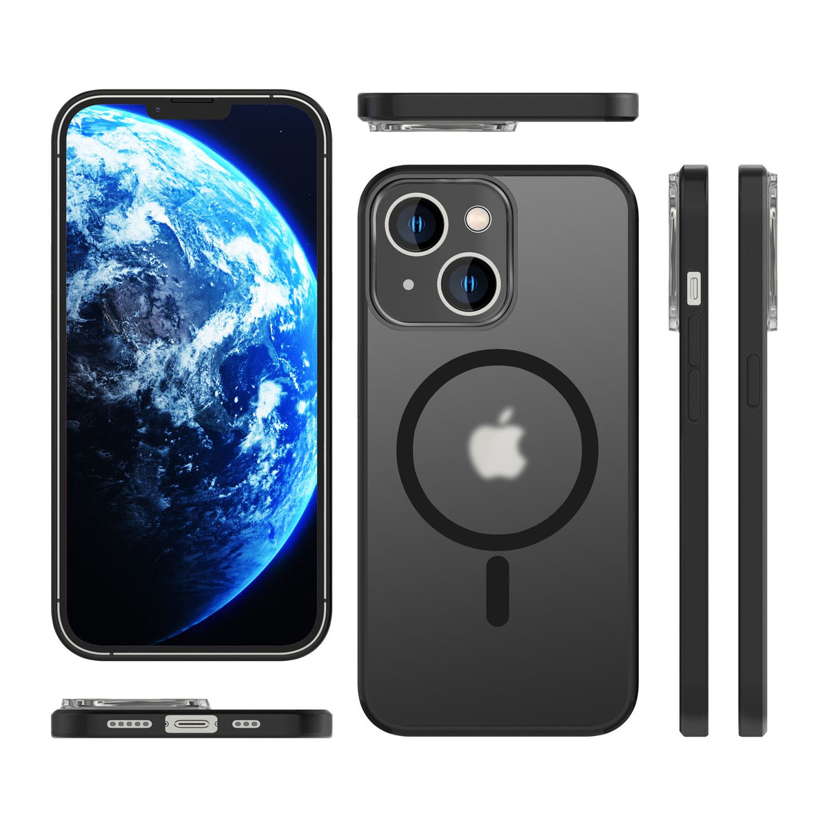 NALIA Set [3-in-1] MagPower Schutzhülle & 2x Schutzglas kompatibel mit iPhone 14 Hülle [kompatibel mit MagSafe], Halb-Transparent Matt Anti-Gelb, Harte Rückseite & Silikon-Rahmen Schwarz, Handycover