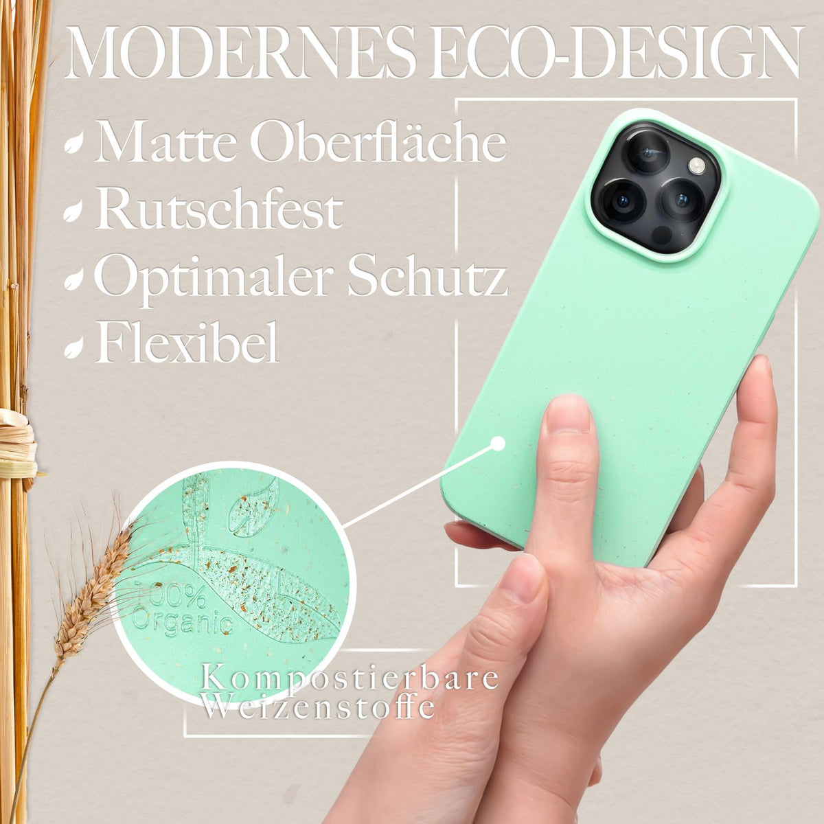 NALIA Handyhülle für iPhone 14 Pro – Weizenstroh Case (Pflanzenbasiert) – BIOVERA – Matt & Stoßfest (Vegan) – Marke aus Berlin