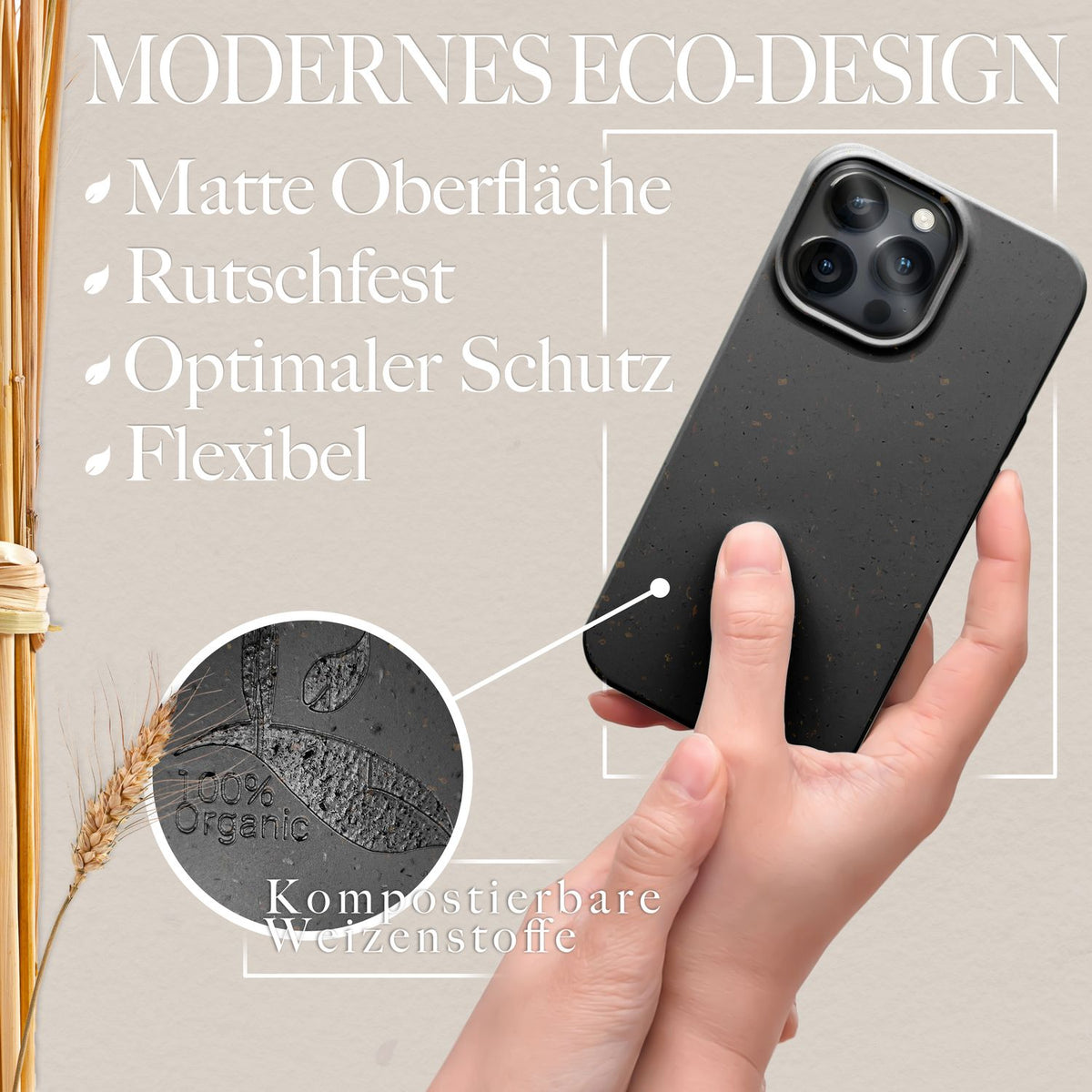 NALIA Handyhülle für iPhone 14 Pro Max – Weizenstroh Case (Pflanzenbasiert) – BIOVERA – Matt & Stoßfest (Vegan) – Marke aus Berlin