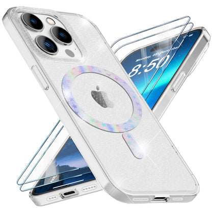 NALIA Magnet Glitzerhülle für iPhone 14 Pro – MagSafe kompatibel & 2x Schutzglas – BLYZE (Anti-Gelb Hardcase & Silikon Bumper) – Marke aus Berlin