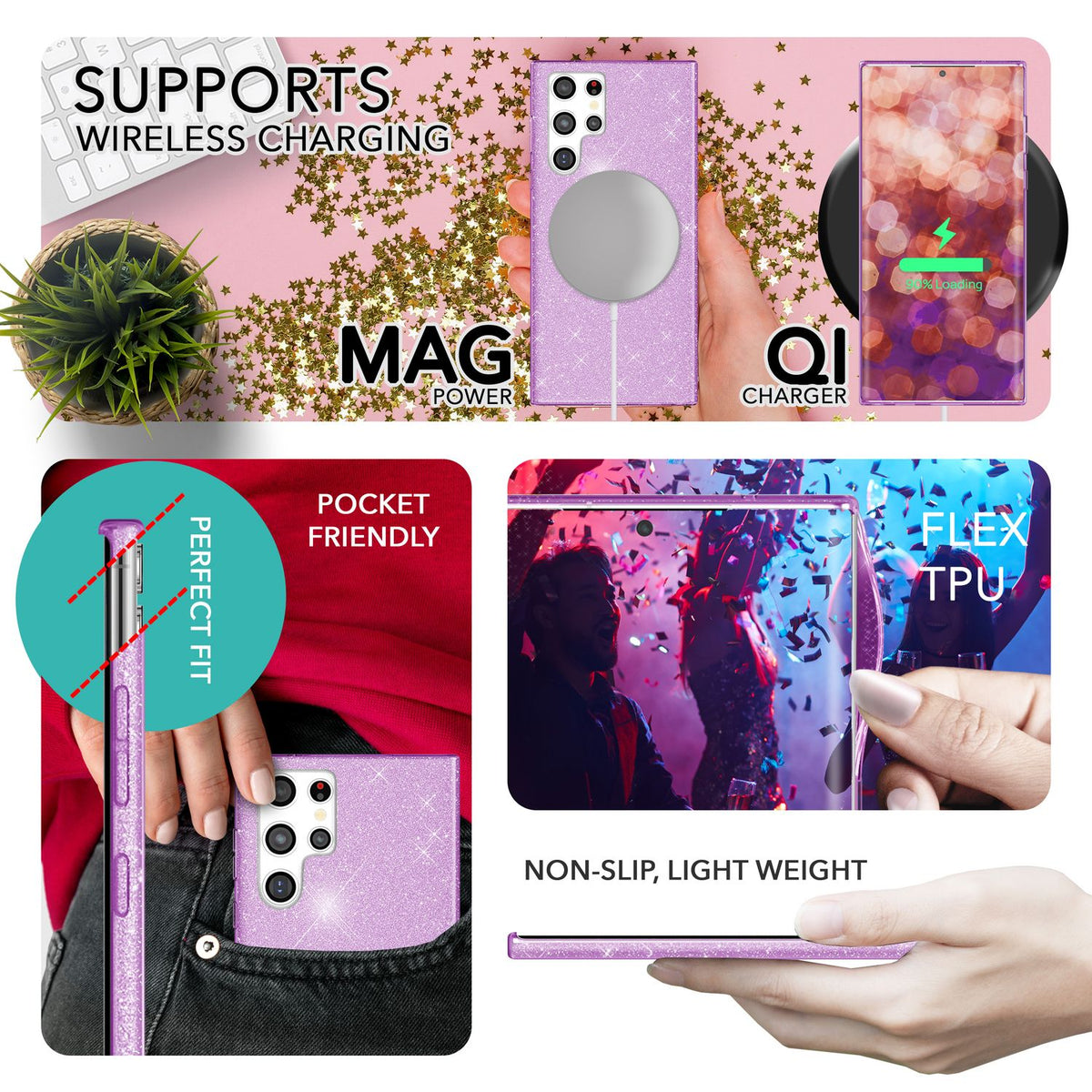 NALIA Glitzerhülle für Samsung Galaxy S23 Ultra – Funkelnder Glitzer-Look & Grip – SHINEPOP (Silikon Case) – Marke aus Berlin