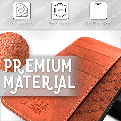 NALIA Echtlederhülle für Samsung Galaxy S23 – RFID Wallet & Magnet-Verschluss – LEVANTO (Handgefertigte Klapphülle) – Marke aus Berlin