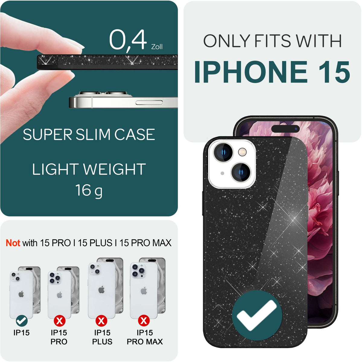 NALIA Glitzerhülle für iPhone 15 – Funkelnder Glitzer-Look & Grip – SHINEPOP (Silikon Case) – Marke aus Berlin