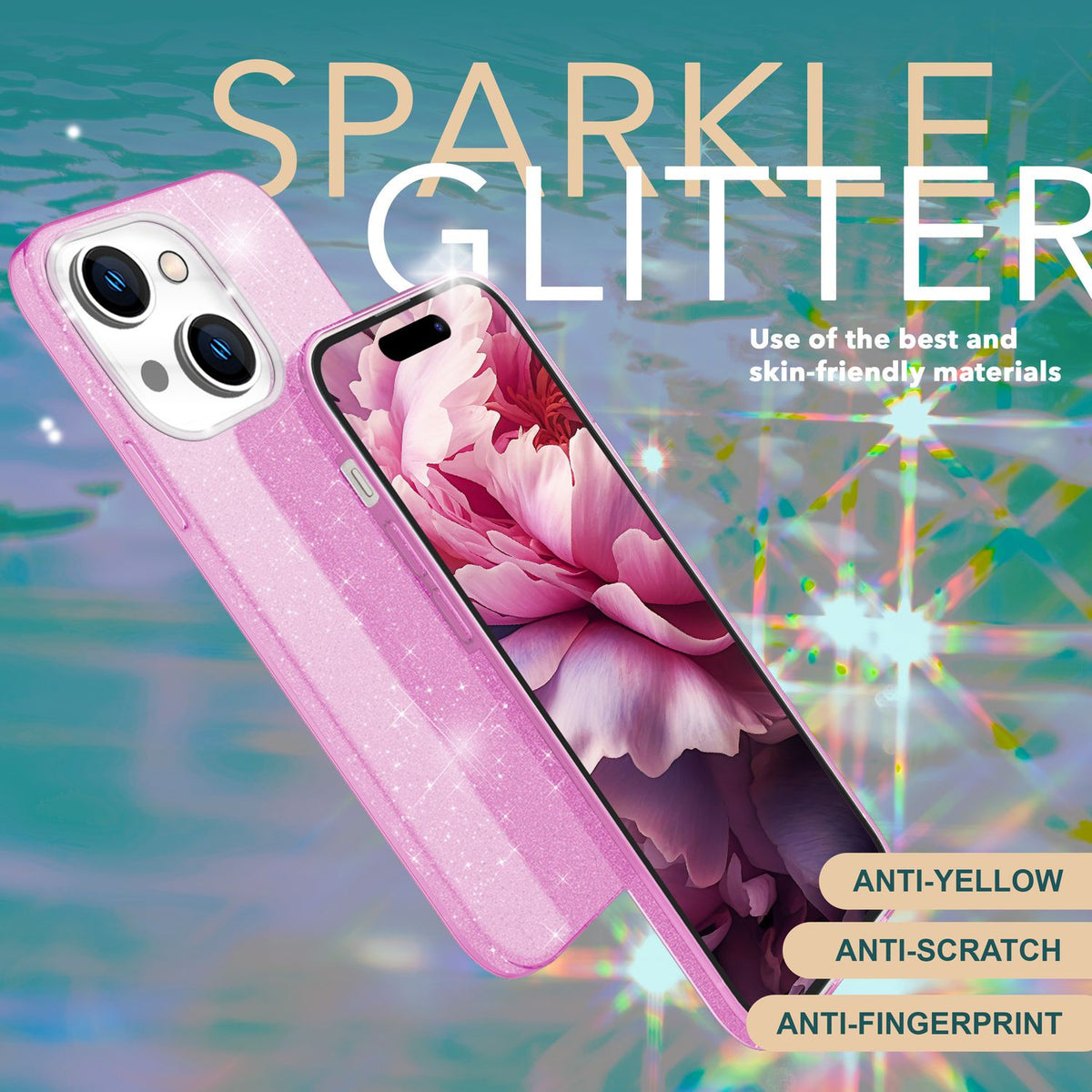 NALIA Glitzerhülle für iPhone 15 – Funkelnder Glitzer-Look & Grip – SHINEPOP (Silikon Case) – Marke aus Berlin