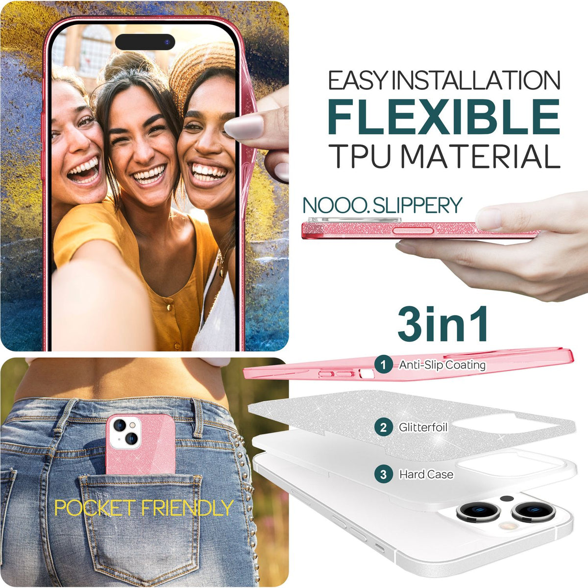NALIA Glitzerhülle für iPhone 15 – Funkelnder Glitzer-Look & Grip – SHINEPOP (Silikon Case) – Marke aus Berlin