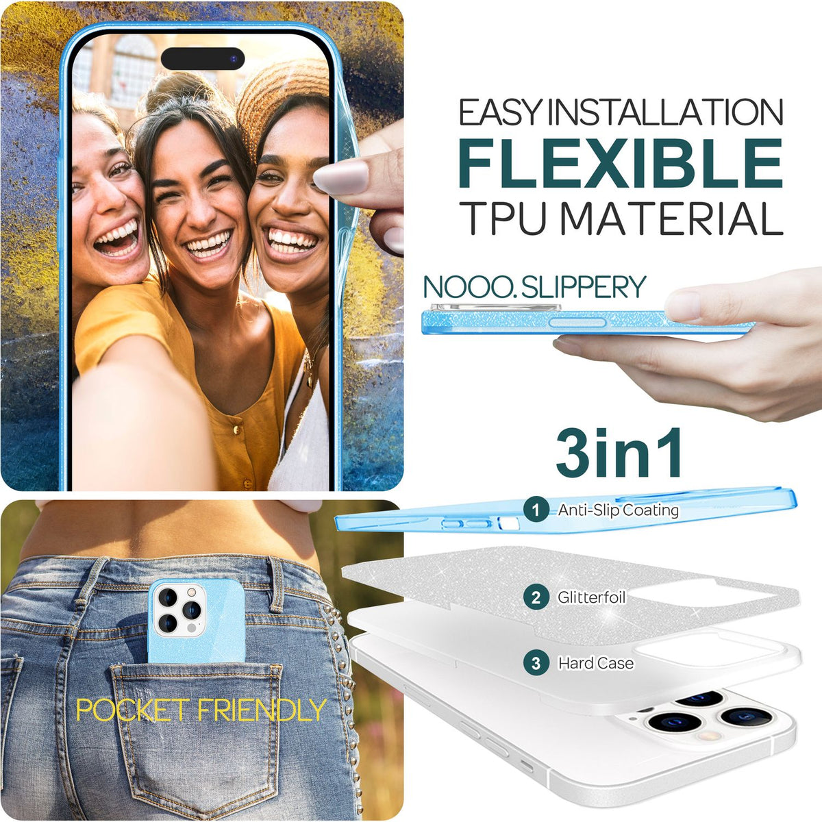 NALIA Glitzerhülle für iPhone 15 Pro Max – Funkelnder Glitzer-Look & Grip – SHINEPOP (Silikon Case) – Marke aus Berlin