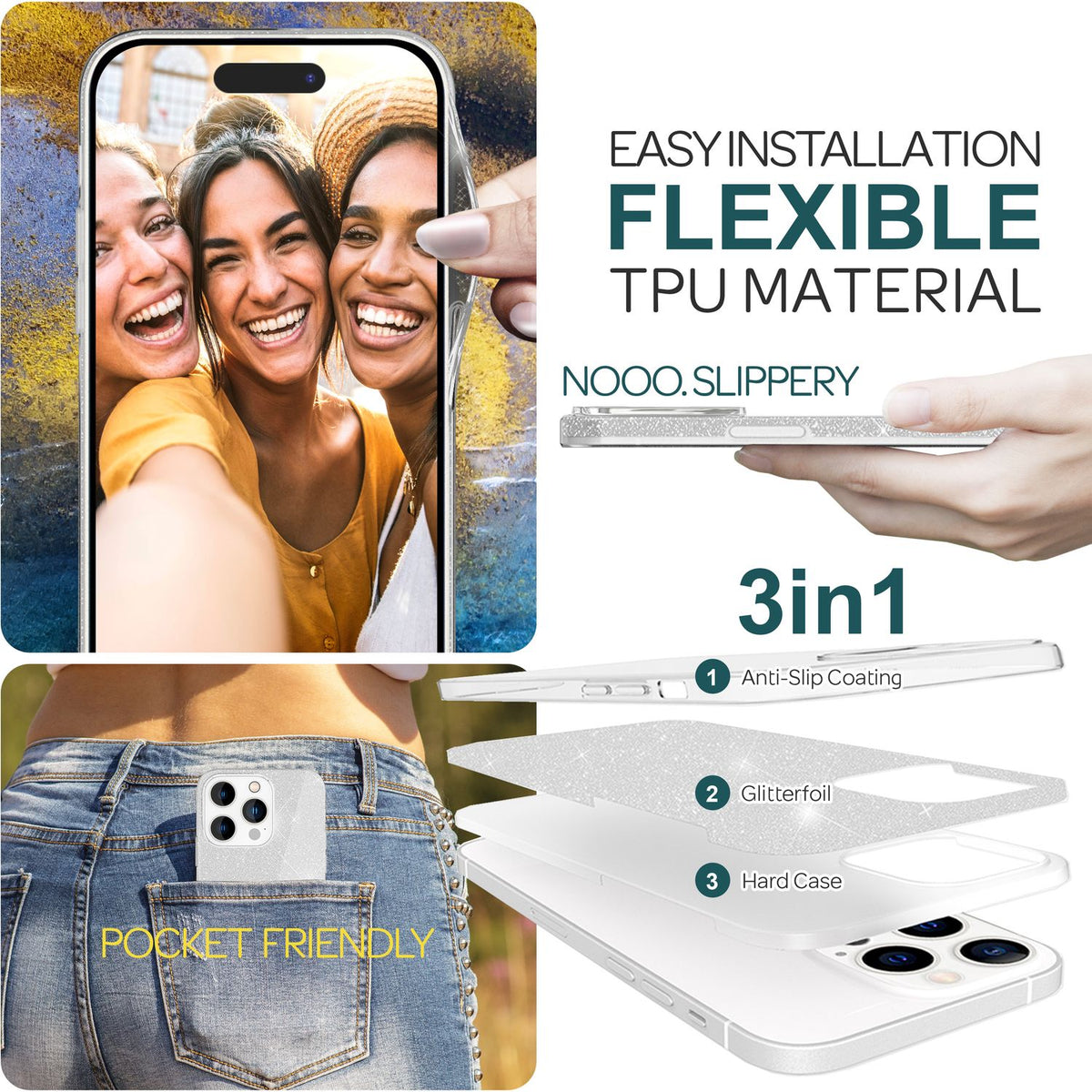 NALIA Glitzerhülle für iPhone 15 Pro Max – Funkelnder Glitzer-Look & Grip – SHINEPOP (Silikon Case) – Marke aus Berlin