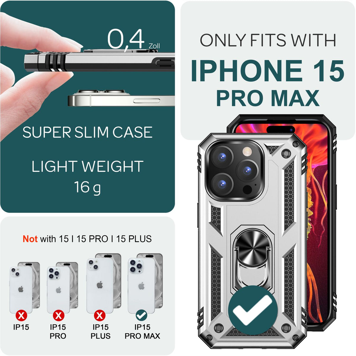 NALIA Panzerhülle für iPhone 15 Pro Max – Ring-Ständer 360° & Magnet-Halterung Kompatibel – RINGDEFEND (Stoßfestes Outdoor Case) – Marke aus Berlin