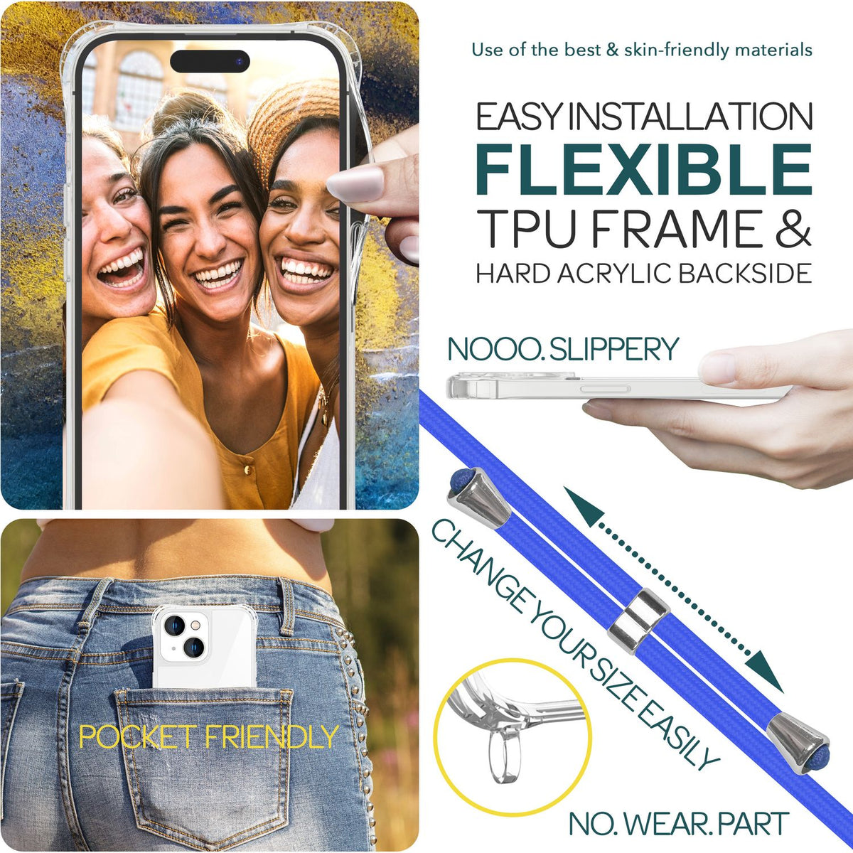 NALIA Handykette für iPhone 15 – Transparentes Hybrid-Case & Band – HANGIT PRO (Anti-Gelb Rückseite & Verstellbar) – Marke aus Berlin