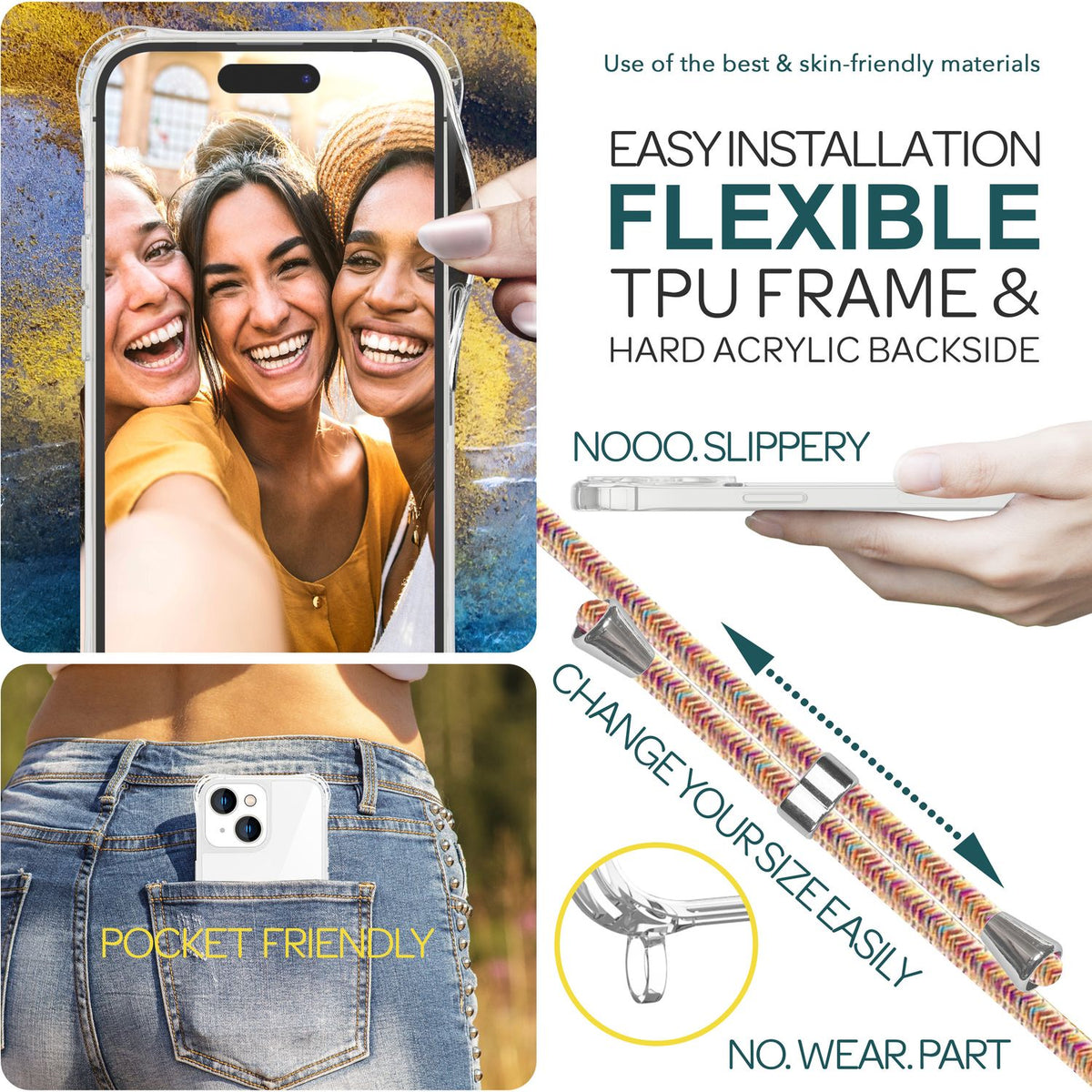 NALIA Handykette für iPhone 15 – Transparentes Hybrid-Case & Band – HANGIT PRO (Anti-Gelb Rückseite & Verstellbar) – Marke aus Berlin
