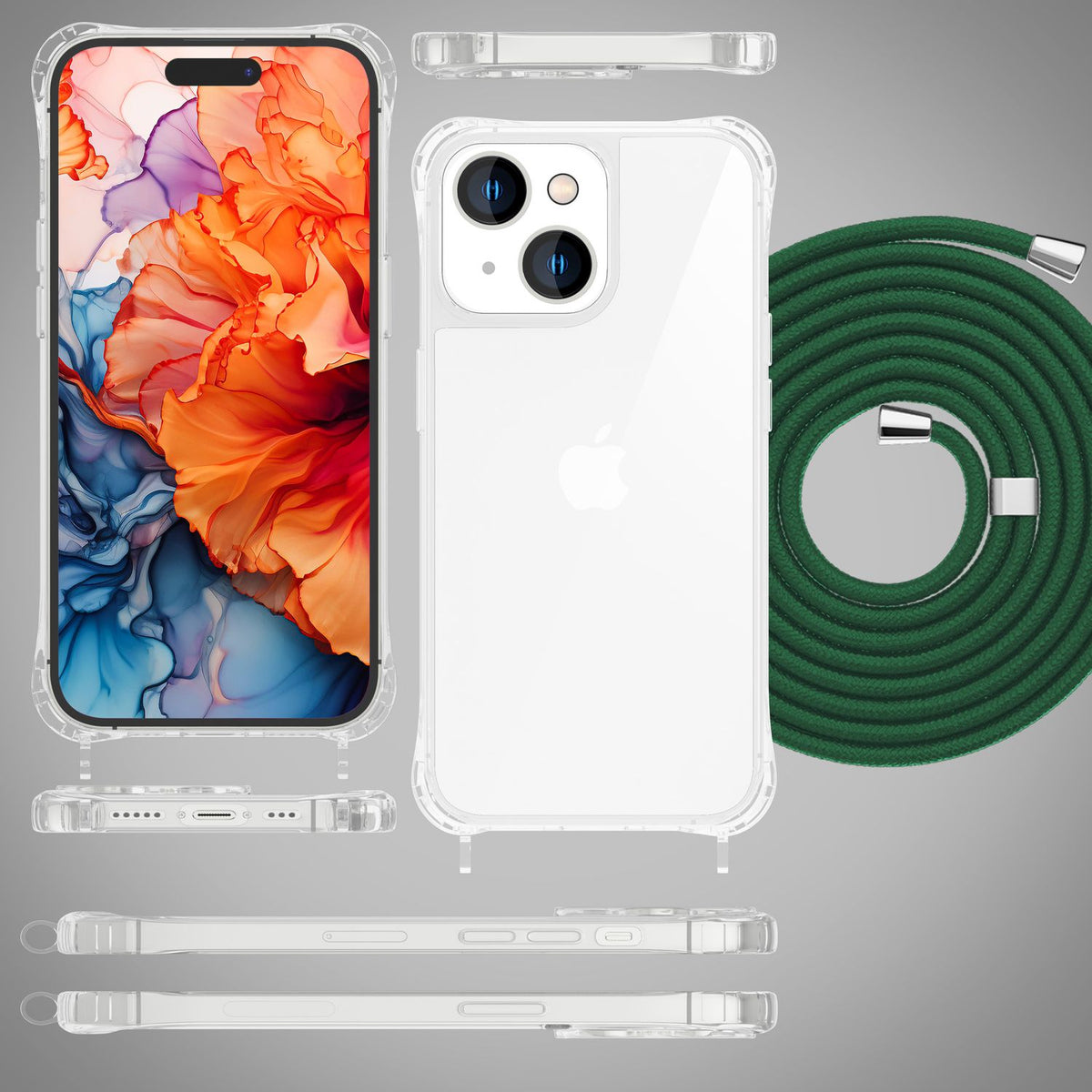 NALIA Handykette für iPhone 15 – Transparentes Hybrid-Case & Band – HANGIT PRO (Anti-Gelb Rückseite & Verstellbar) – Marke aus Berlin
