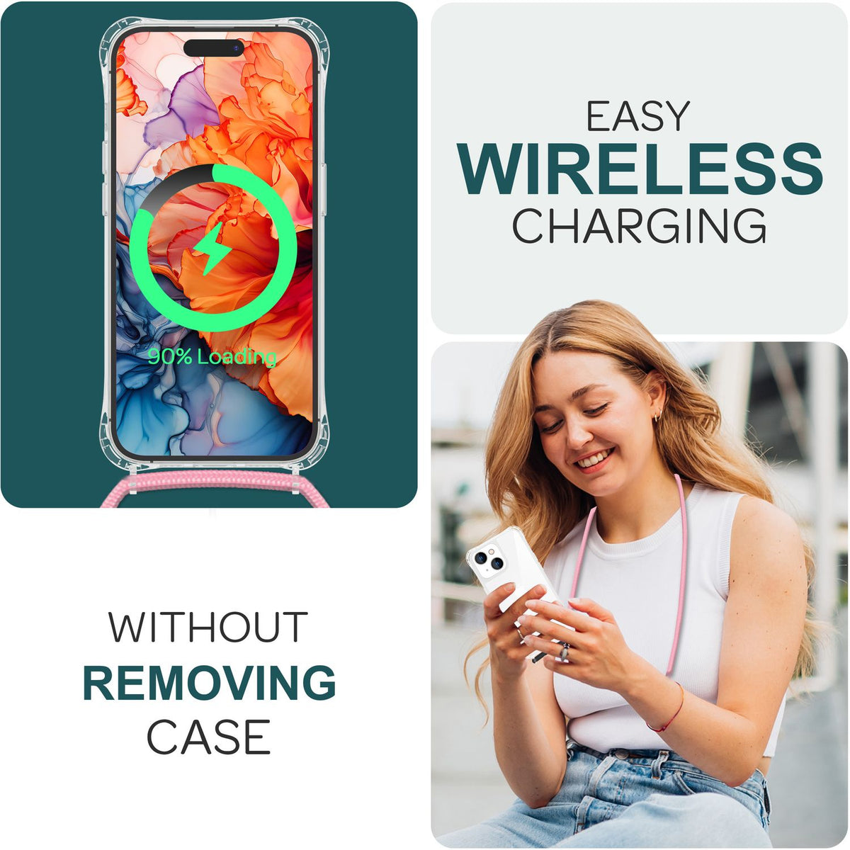 NALIA Handykette für iPhone 15 Plus – Transparentes Hybrid-Case & Band – HANGIT PRO (Anti-Gelb Rückseite & Verstellbar) – Marke aus Berlin